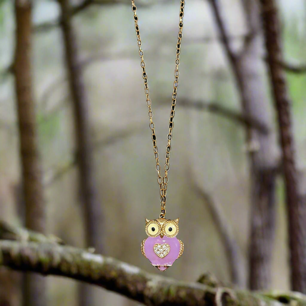 Necklace - Enamel Owl with Rhinestone Heart Center