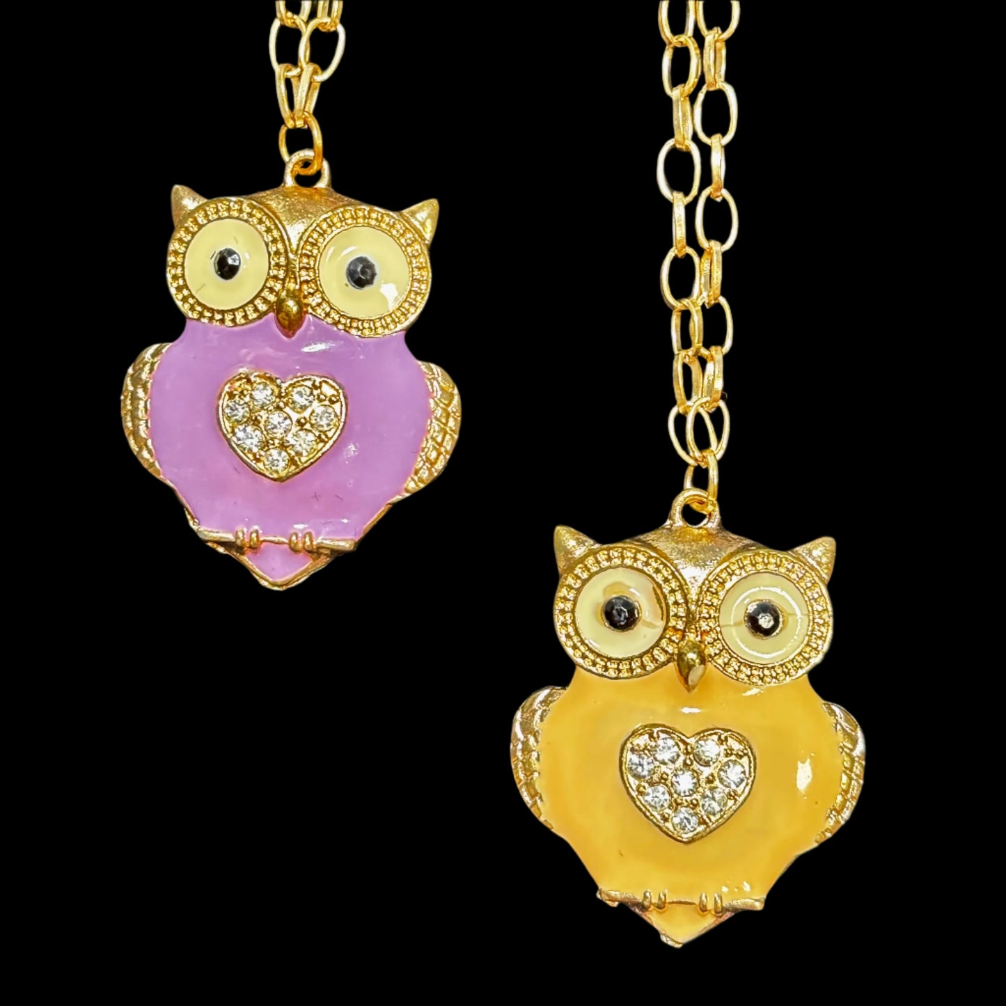 Necklace - Enamel Owl with Rhinestone Heart Center