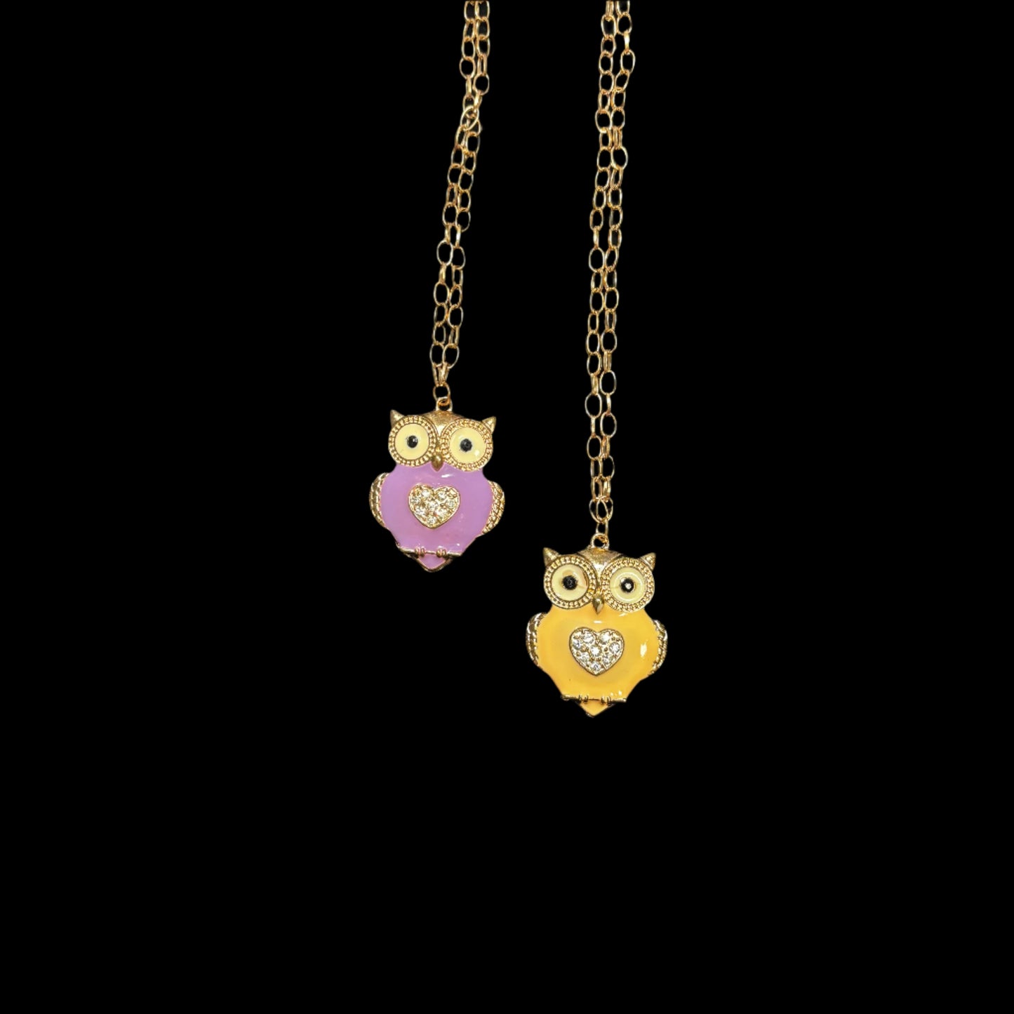 Necklace - Enamel Owl with Rhinestone Heart Center