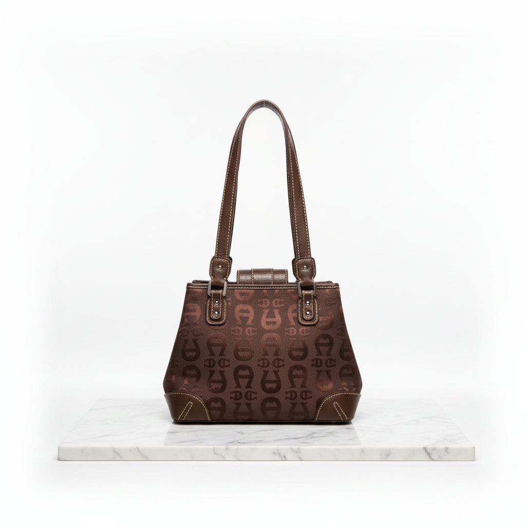 Handbag - Etienne Aigner - Brown - Shoulder Bag -  Signature Monogrammed Logo Fabric Pattern