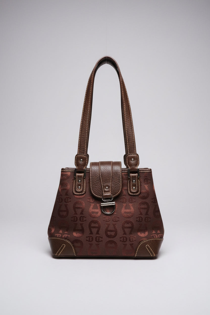 Handbag - Etienne Aigner - Brown - Shoulder Bag -  Signature Monogrammed Logo Fabric Pattern