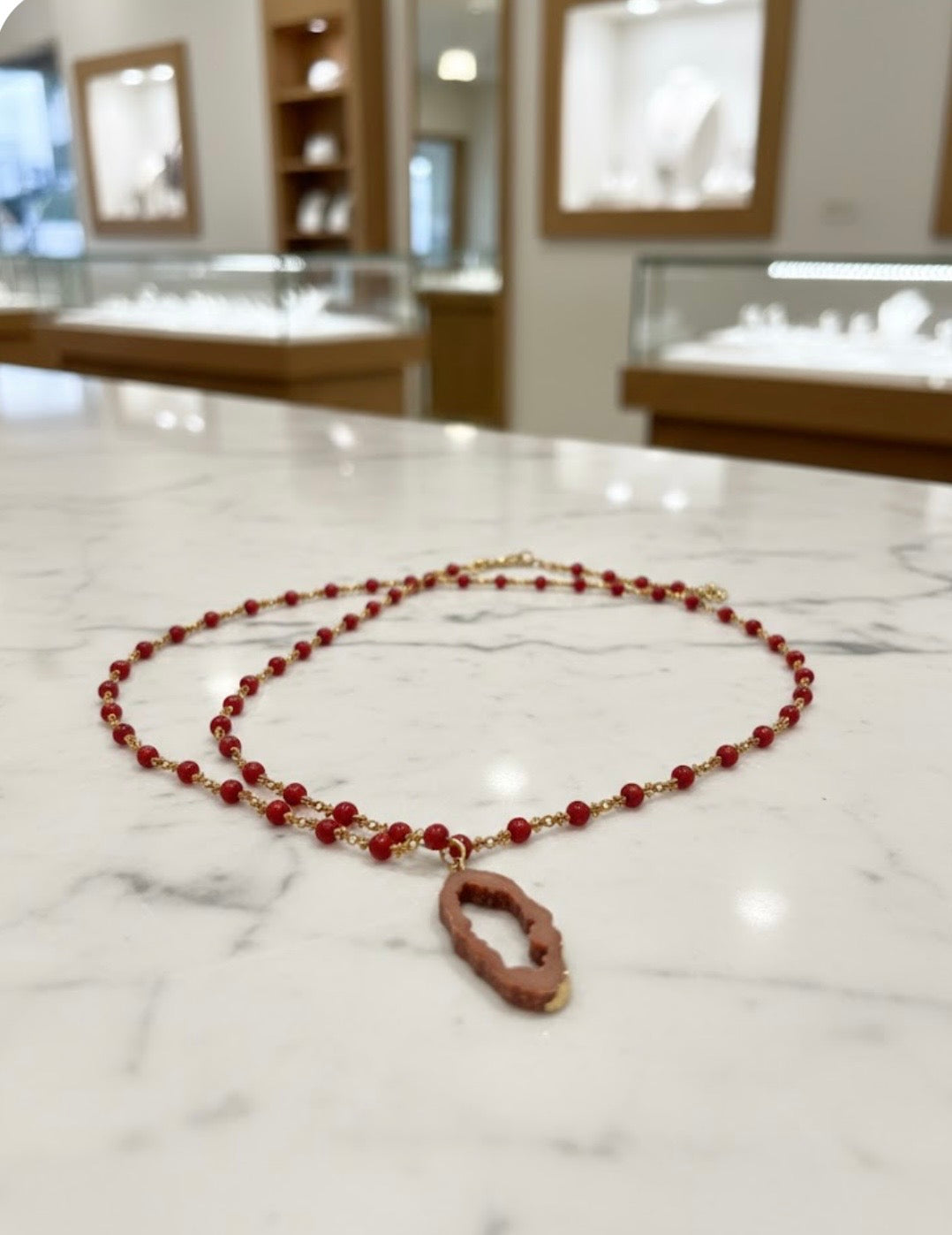 Handmade - Long Beaded Necklace with Gem Charm