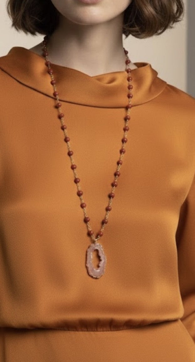 Handmade - Long Beaded Necklace with Gem Charm