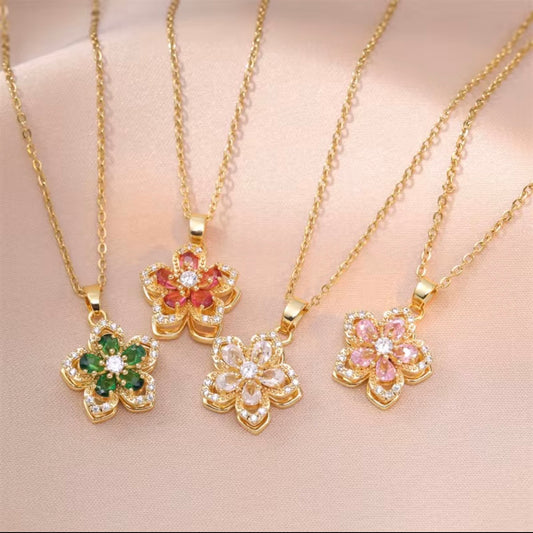 Necklace - Spinning Floral Pendant - Gold Tone
