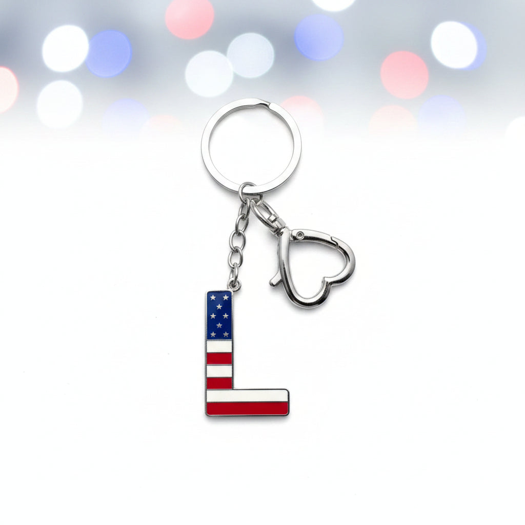 Keychain - Letter "L" Silver Tone with Red, White & Blue Flag Enamel
