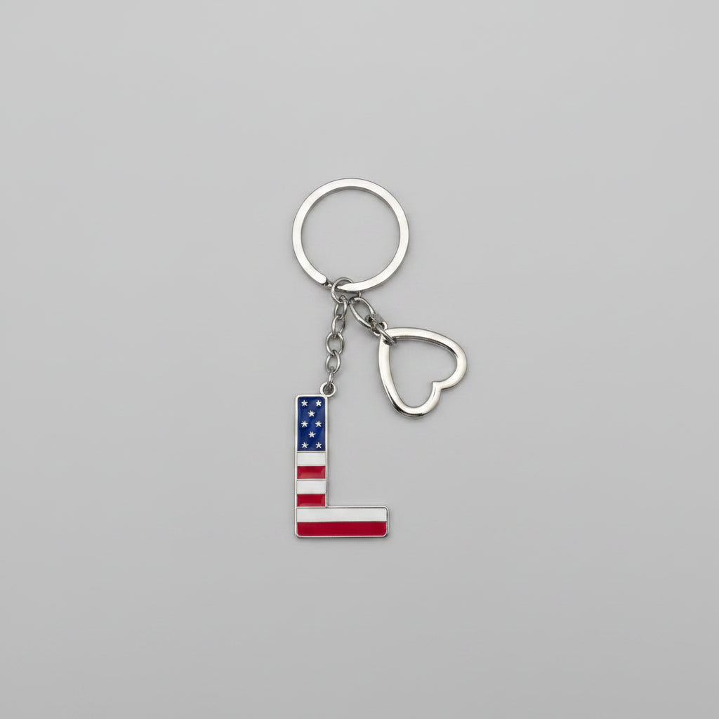 Keychain - Letter "L" Silver Tone with Red, White & Blue Flag Enamel