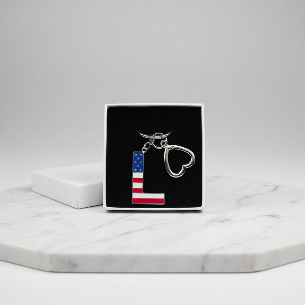 Keychain - Letter "L" Silver Tone with Red, White & Blue Flag Enamel
