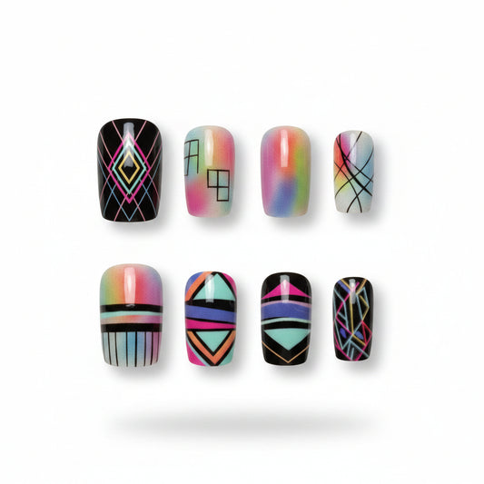 Press on Nails - Geometric with a Pop of Pastels - #1005 - incl. FREE Mystery Bracelet
