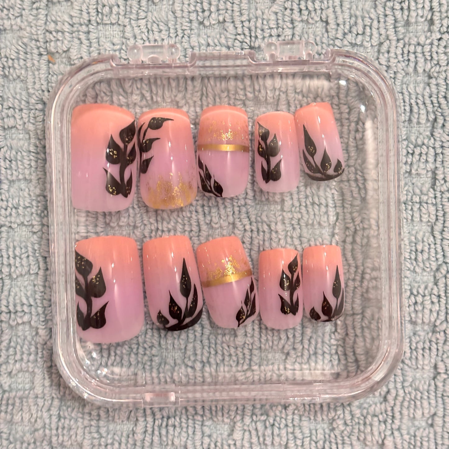 Press on Nails - Pink Ombre with Black Leaves
