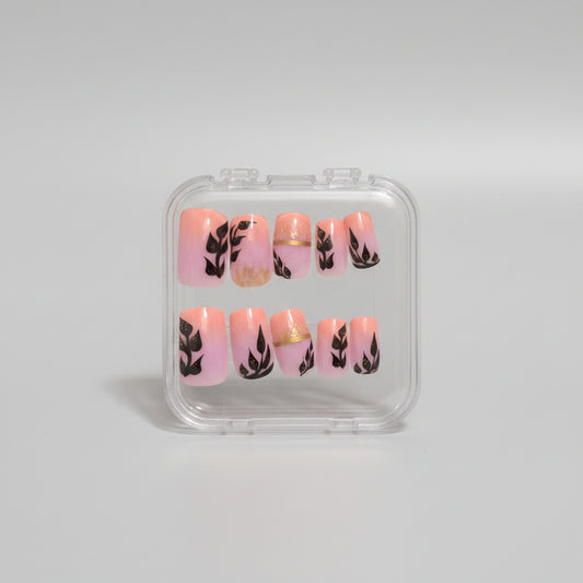 Press on Nails - Pink Ombre with Black Leaves - FREE Mystery Hair Scrunchie included