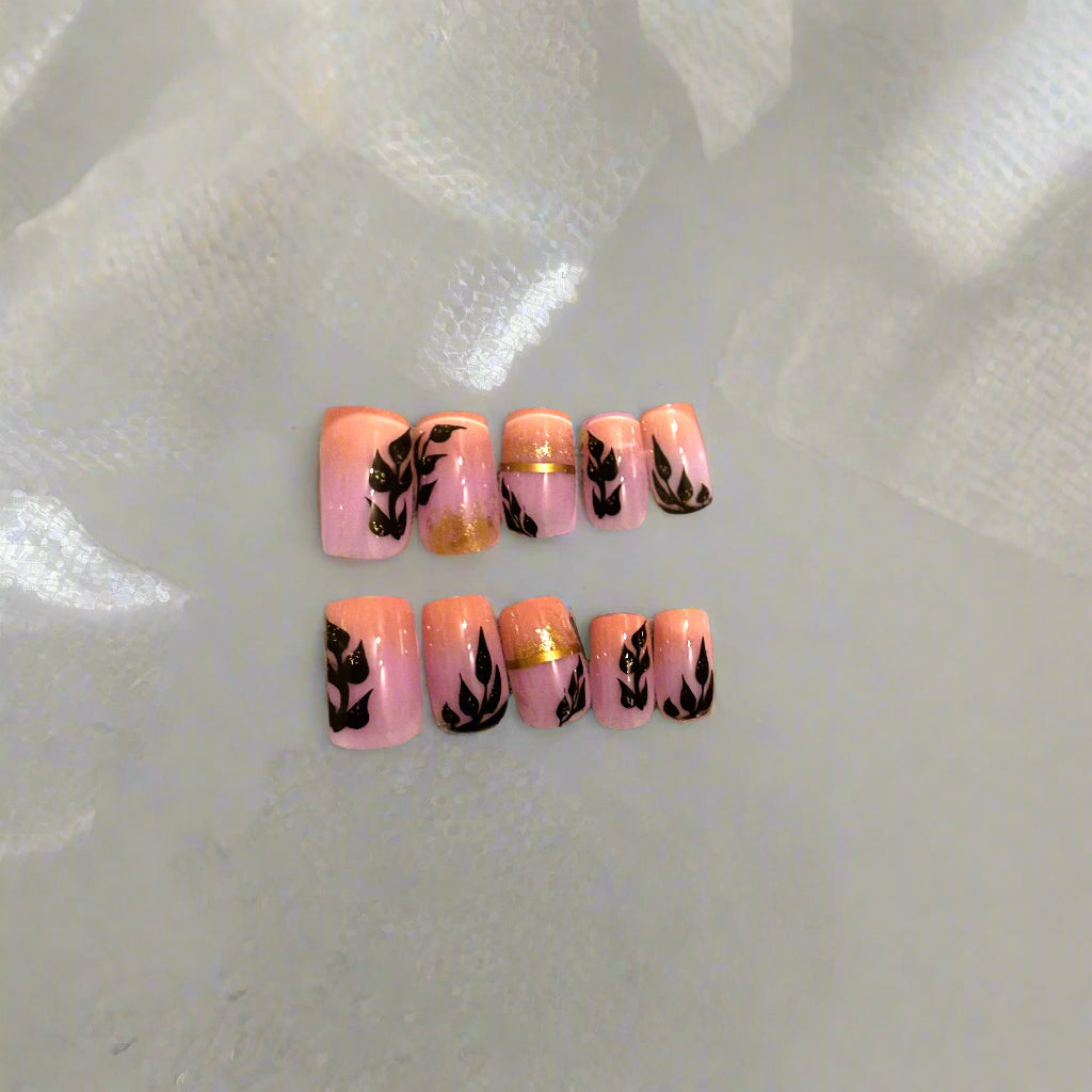 Press on Nails - Pink Ombre with Black Leaves
