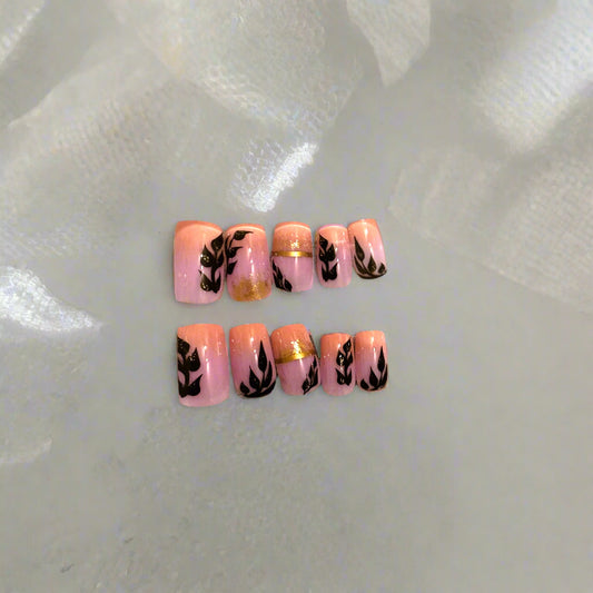 Press on Nails - Pink Ombre with Black Leaves