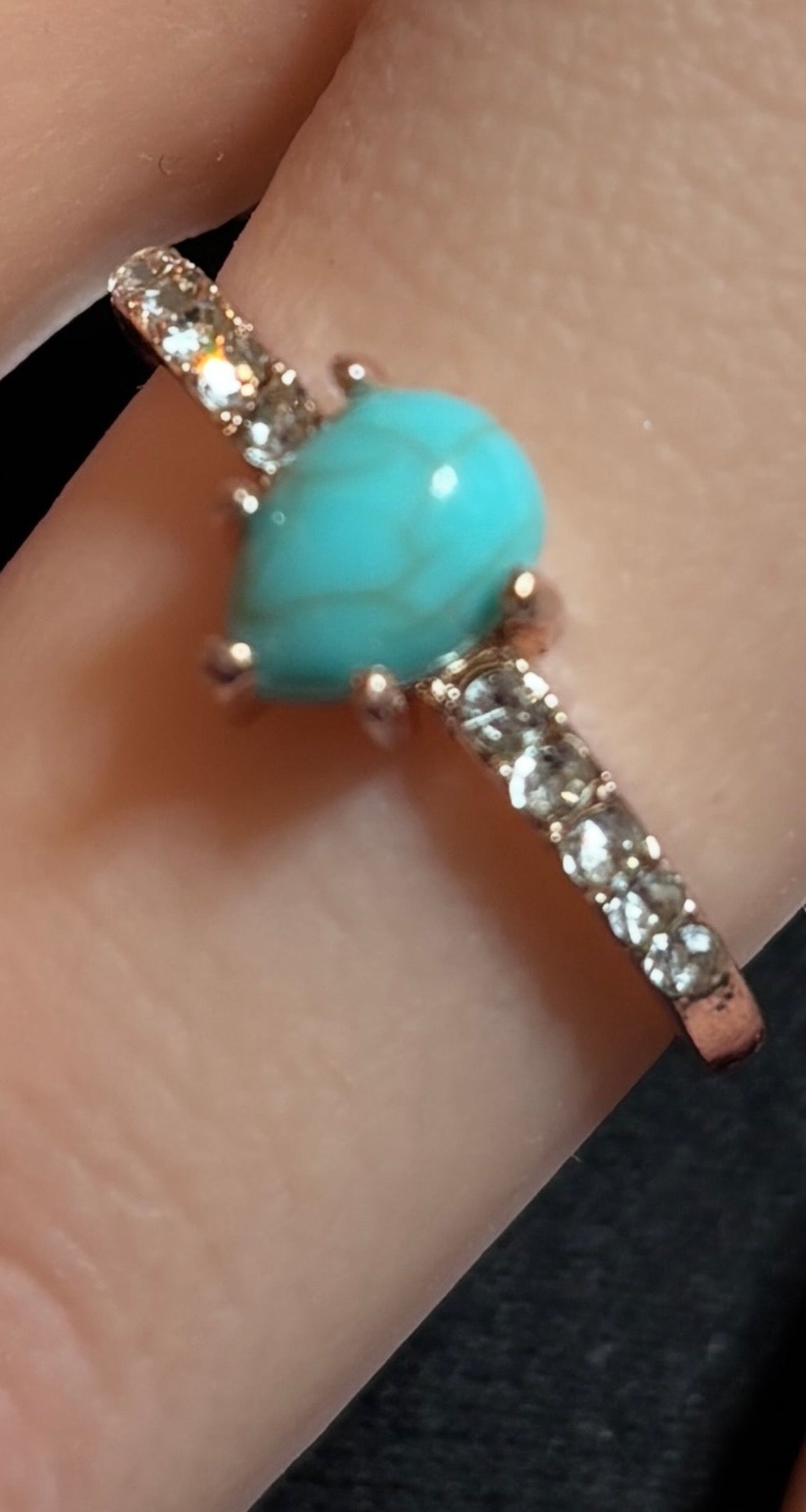 Ring - Pear Shaped Larimar Stone Adorned with Rhinestones - Size - 10.5