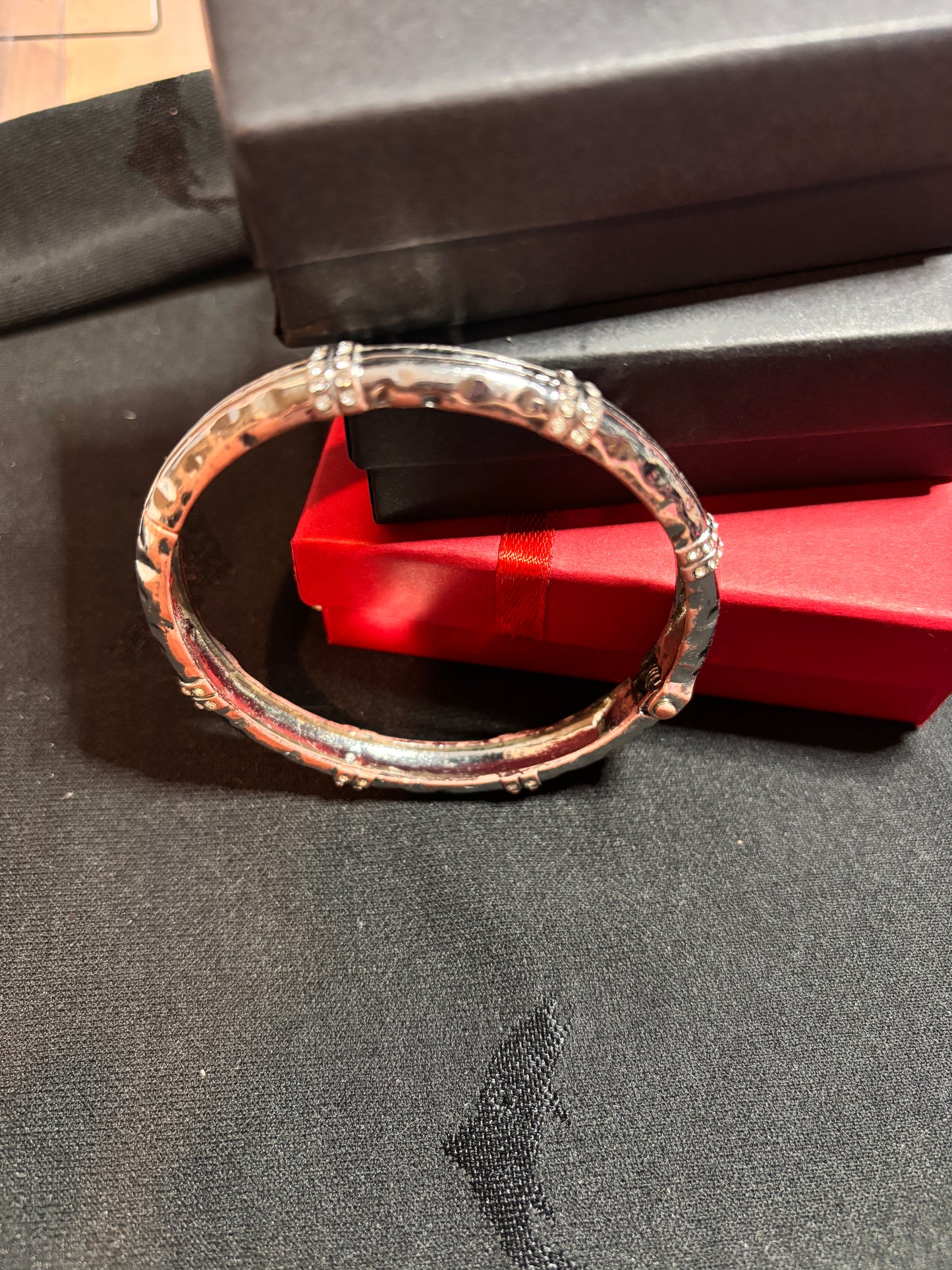 Vintage Previously Owned Silver Plated Bangle Bracelet with Crystal Accents