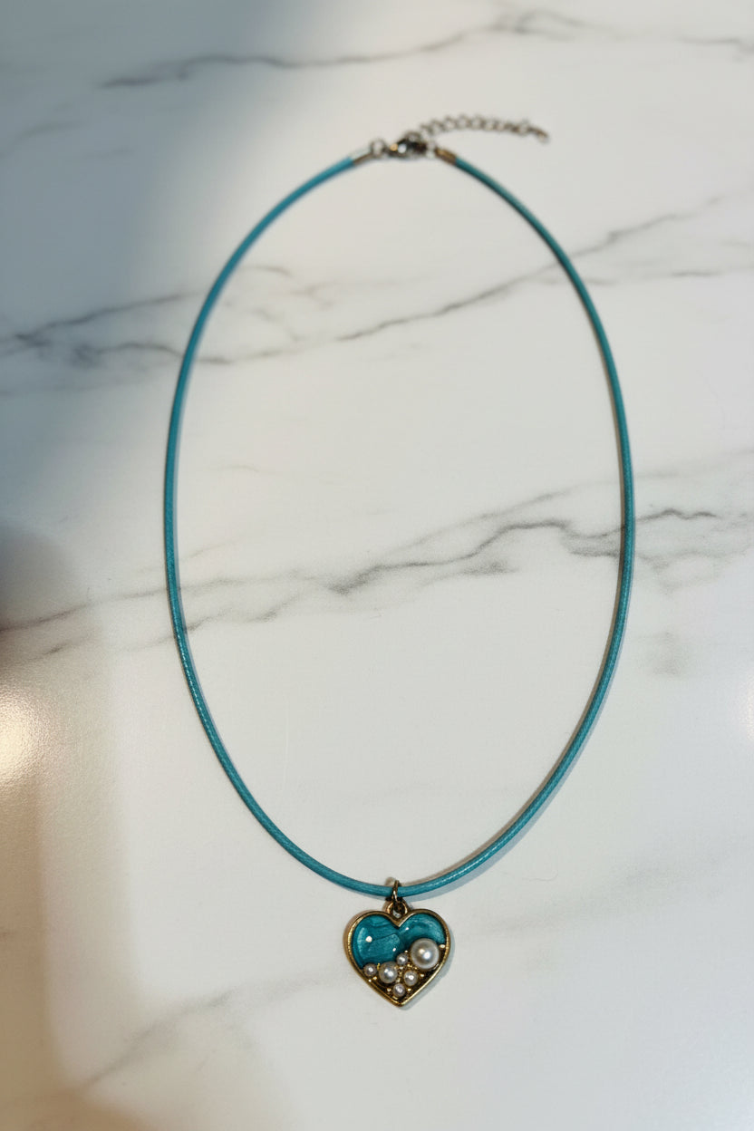 Necklace - Handmade - Blue Resin Heart with Tiny Faux Pearls
