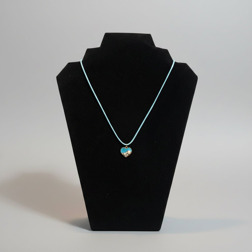Necklace - Handmade - Blue Resin Heart with Tiny Faux Pearls