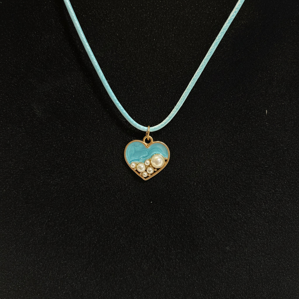 Necklace - Handmade - Blue Resin Heart with Tiny Faux Pearls