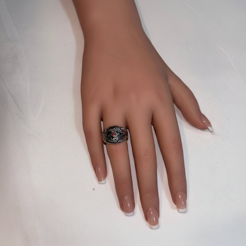 Ring - Open Ended Peacock Feather - Statement - with Red Stone Accent - Size 7