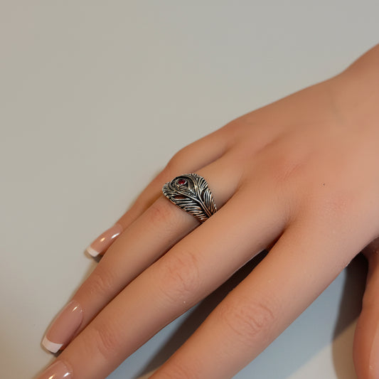 Ring - Open Ended Peacock Feather - Statement - with Red Stone Accent - Size 7