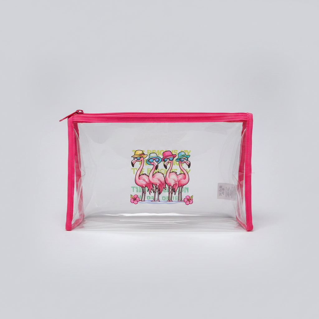 Makeup Bag - Tropical Flamingos - Clear PVC - Travel Organizer - Toiletry Clutch