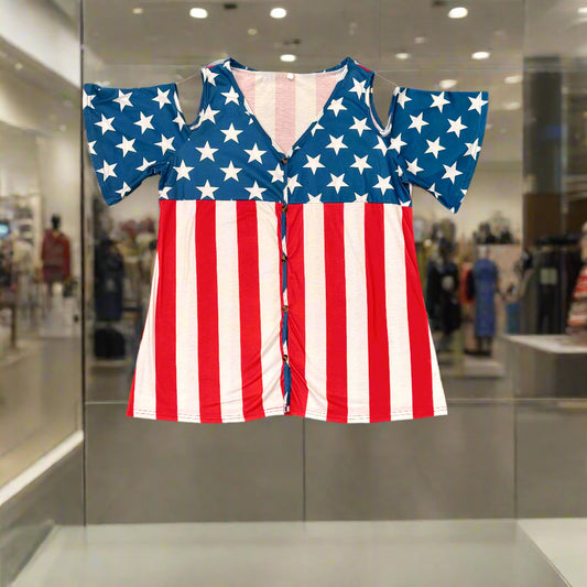 Ladies Top - Cold Shoulder Style - Red, White and Blue - Stars and Stripes