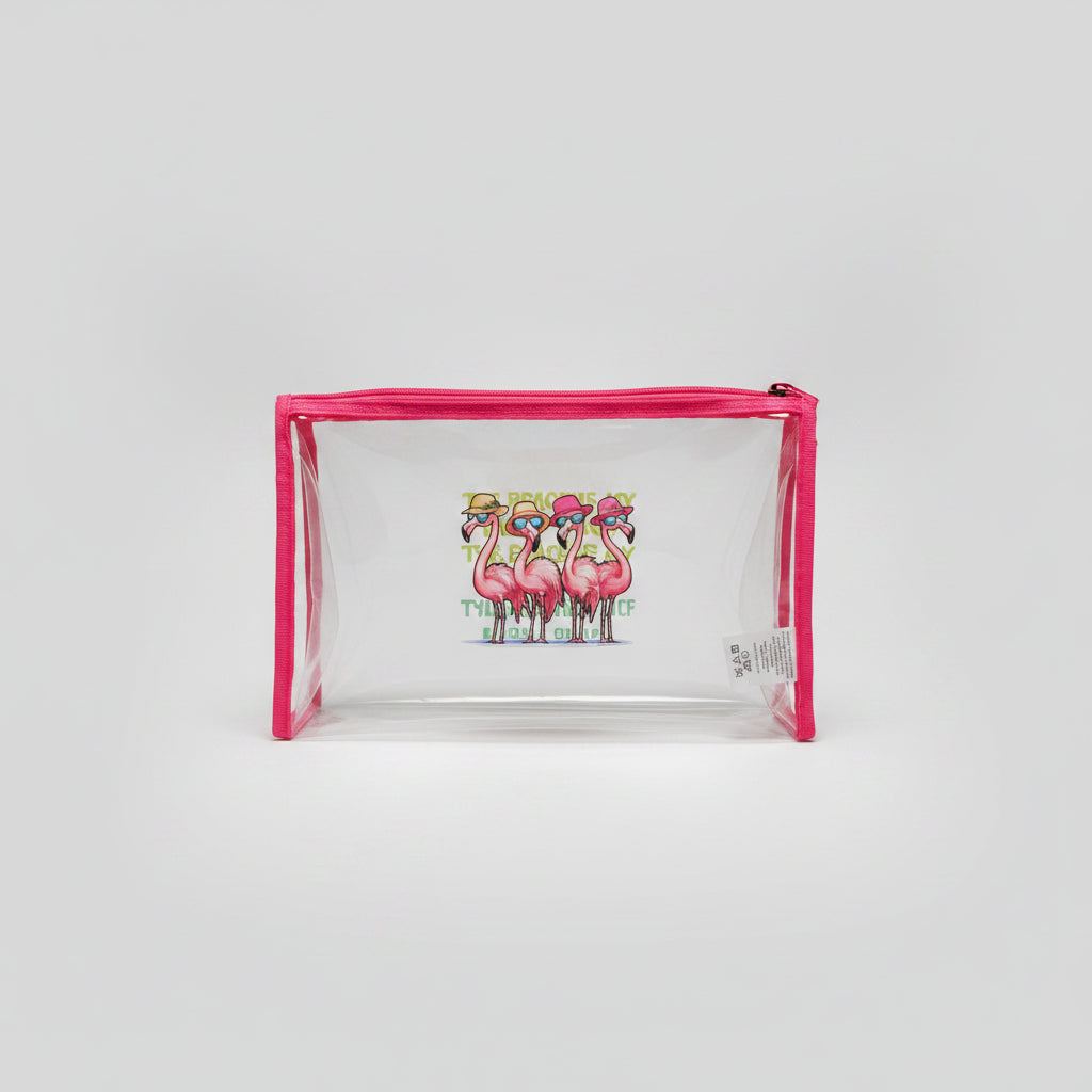 Makeup Bag - Tropical Flamingos - Clear PVC - Travel Organizer - Toiletry Clutch
