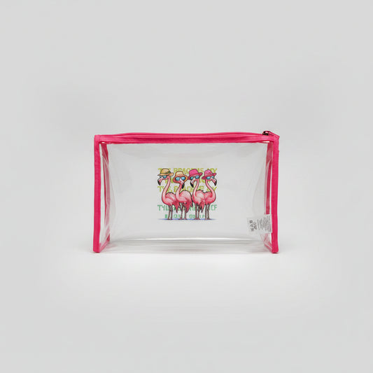 Makeup Bag - Tropical Flamingos - Clear PVC - Travel Organizer - Toiletry Clutch