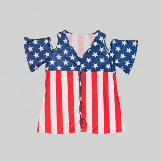 Blouse - Cold Shoulder Style - Red, White and Blue - Stars and Stripes