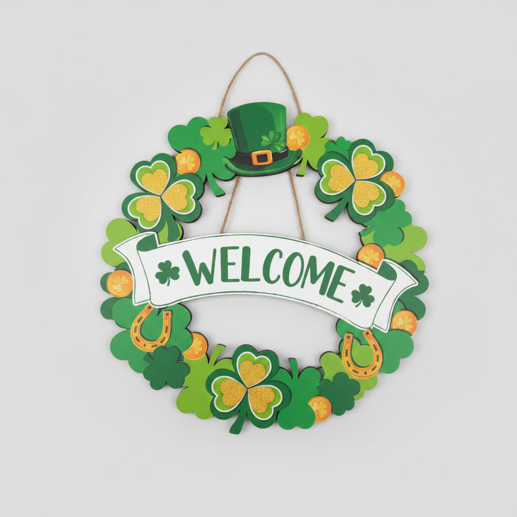 Welcome Sign - St. Patrick's Day - Wooden Wreath - Door Hanger - Lucky Shamrock