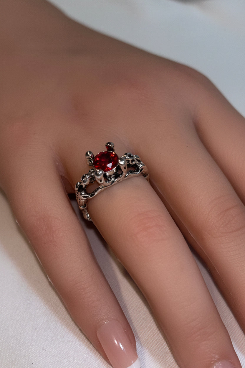 Ring - Gothic - Skeleton - with Ruby-Red Crystal Centerpiece - Open Ended - Size 7, 8