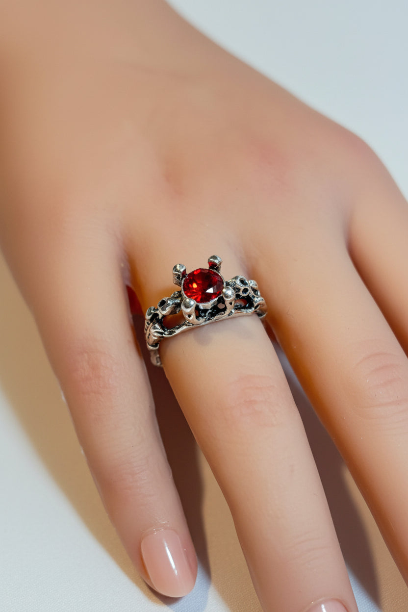 Ring - Gothic - Skeleton - with Ruby-Red Crystal Centerpiece - Open Ended - Size 7, 8