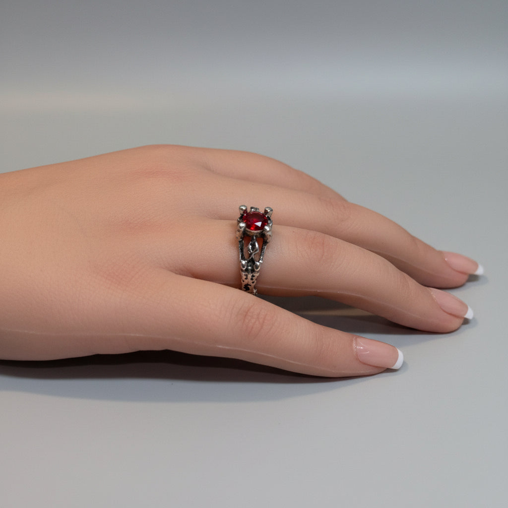 Ring - Gothic - Skeleton - with Ruby-Red Crystal Centerpiece - Open Ended - Size 7, 8