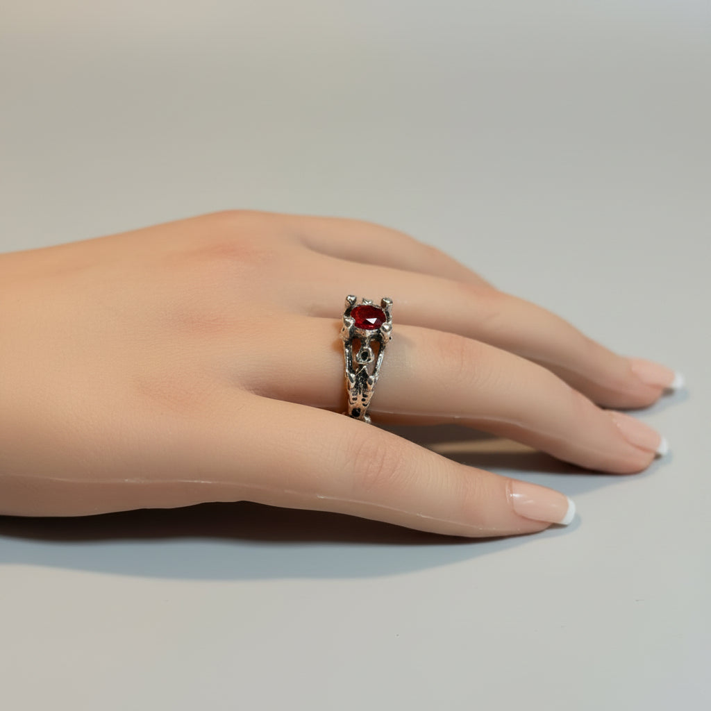 Ring - Gothic - Skeleton - with Ruby-Red Crystal Centerpiece - Open Ended - Size 7, 8