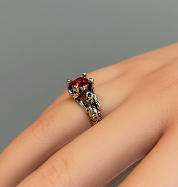 Ring - Gothic - Skeleton - with Ruby-Red Crystal Centerpiece - Open Ended - Size 7, 8