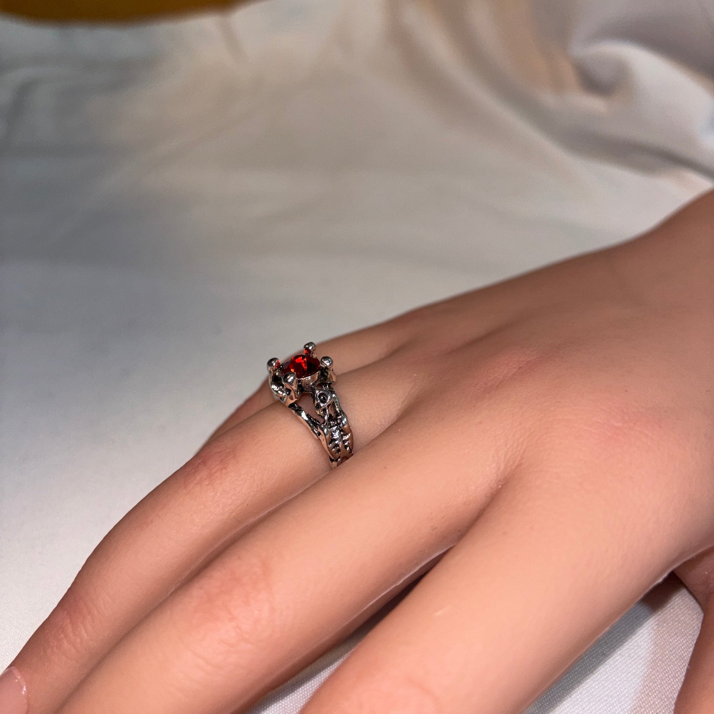 Ring - Gothic - Skeleton - with Ruby-Red Crystal Centerpiece - Open Ended - Size 7, 8