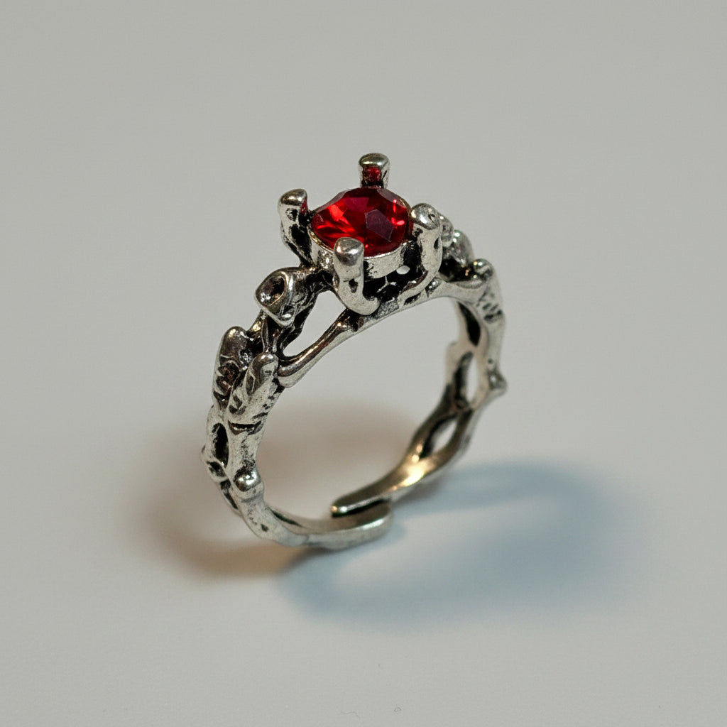 Ring - Gothic - Skeleton - with Ruby-Red Crystal Centerpiece - Open Ended - Size 7, 8
