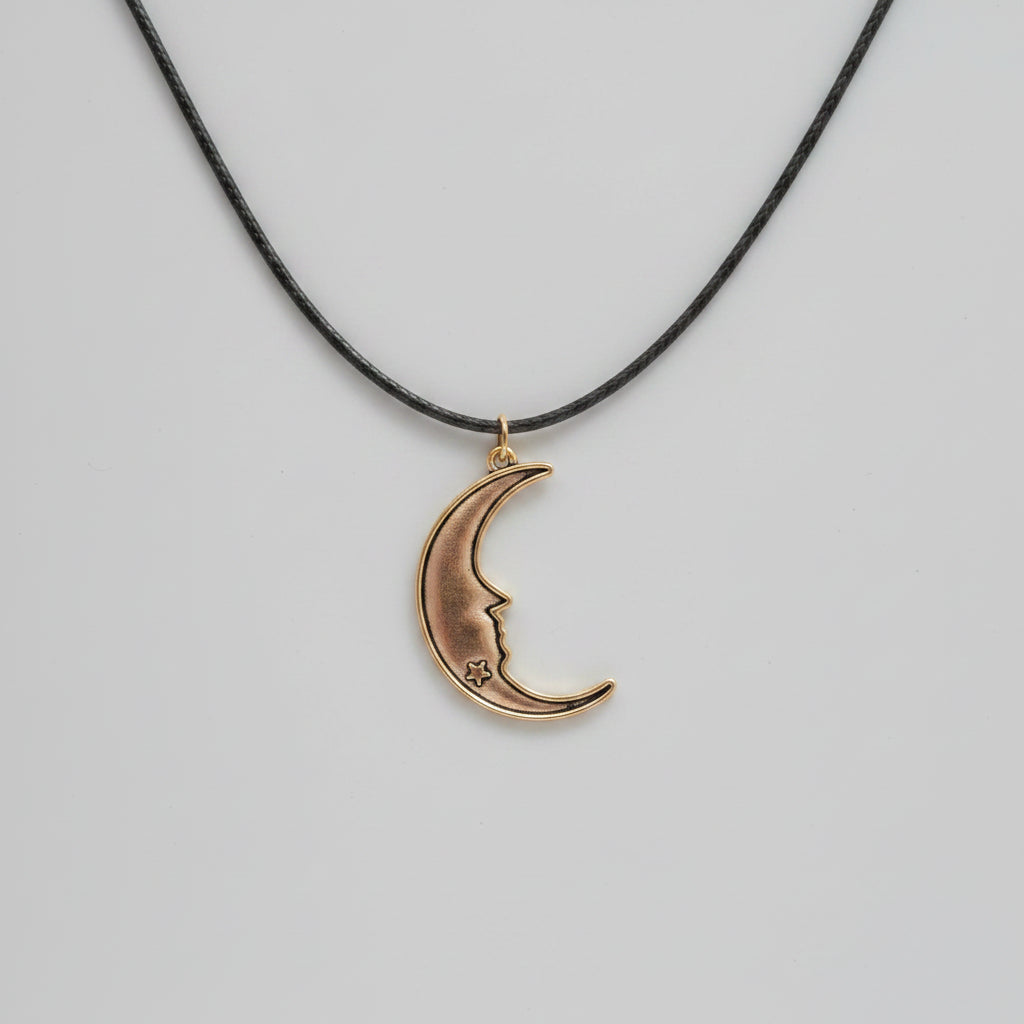 Necklace - Crescent Moon Pendant - Black Vinyl Cord
