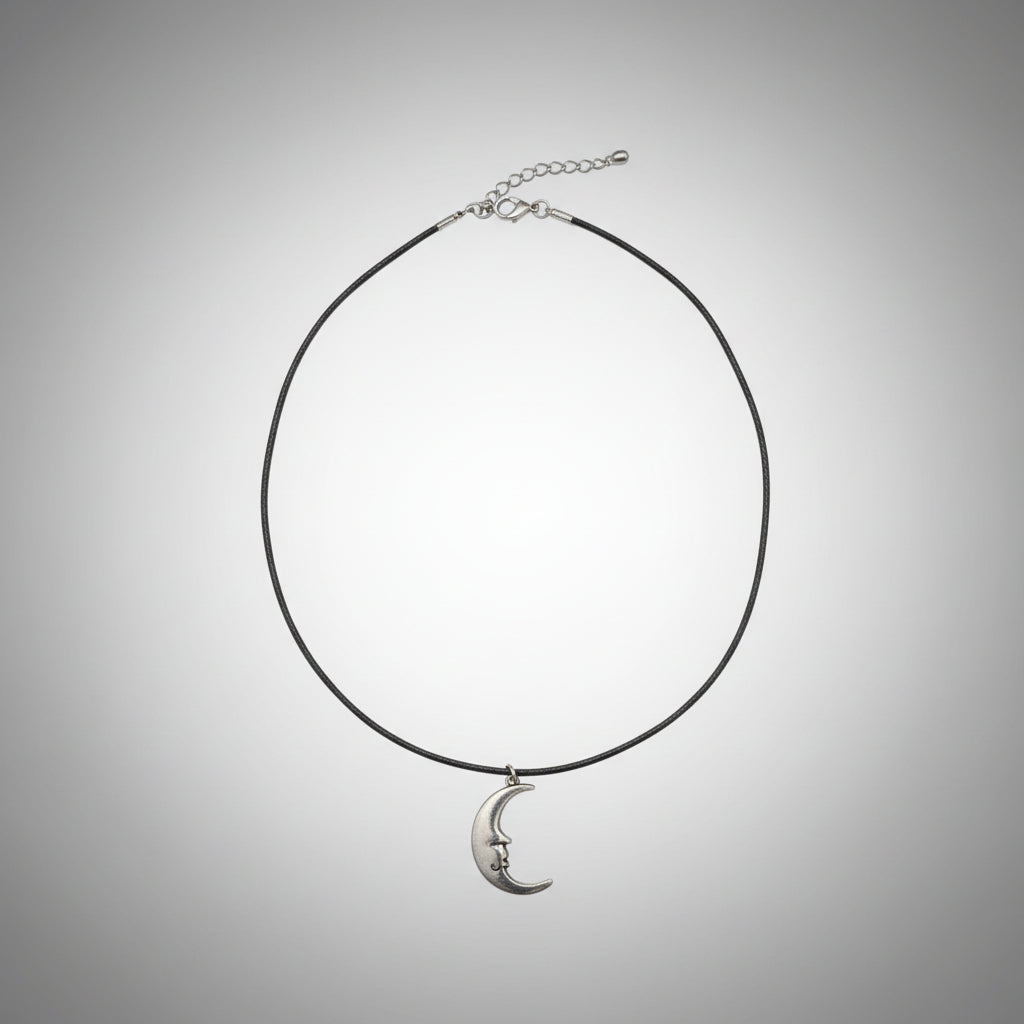 Necklace - Crescent Moon Pendant - Black Vinyl Cord