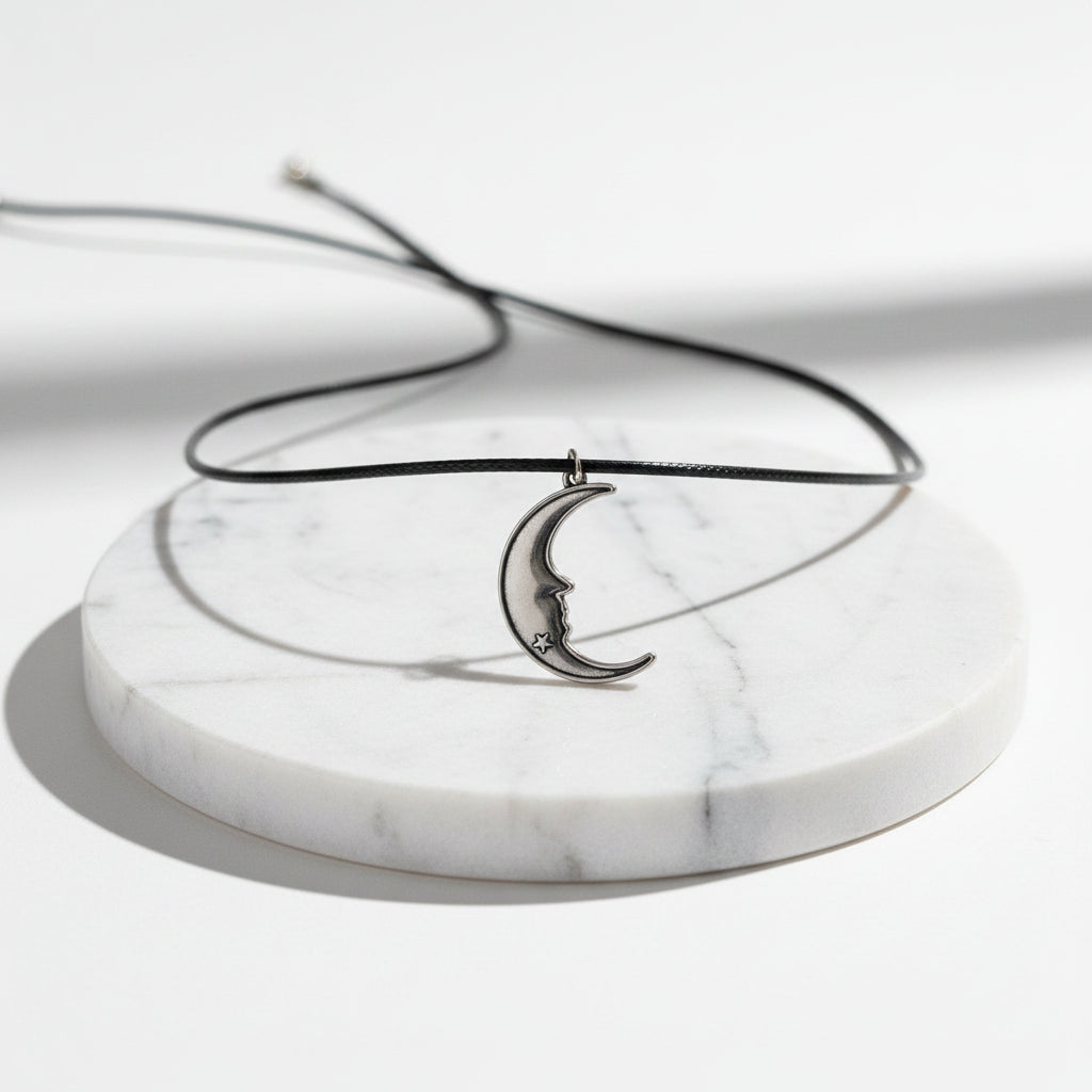 Necklace - Crescent Moon Pendant - Black Vinyl Cord