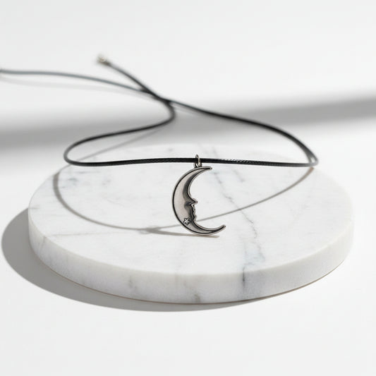 Necklace - Crescent Moon Pendant - Black Vinyl Cord