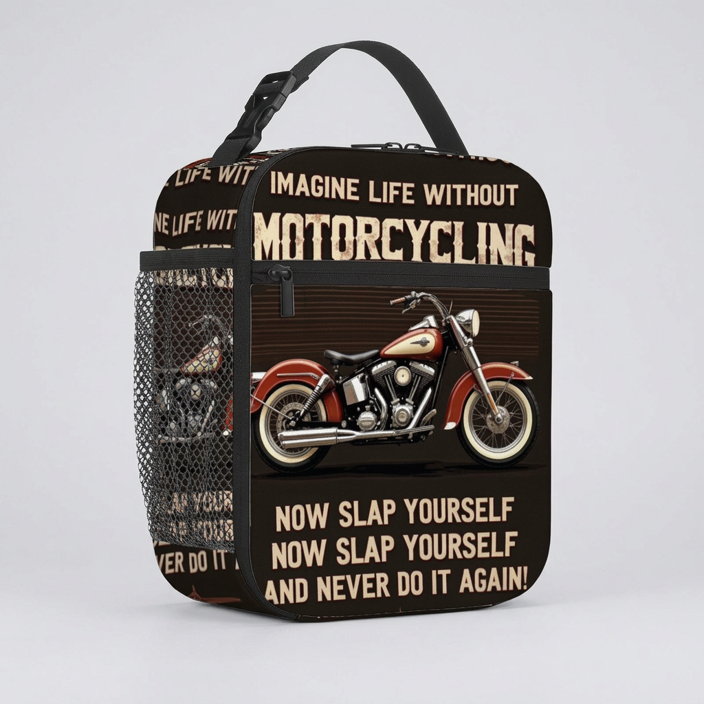Lunch Bag - Imagine Life Without Motorcycling - Insulated Lunch Bag - Cooler Tote - with Mesh Side Pocket
