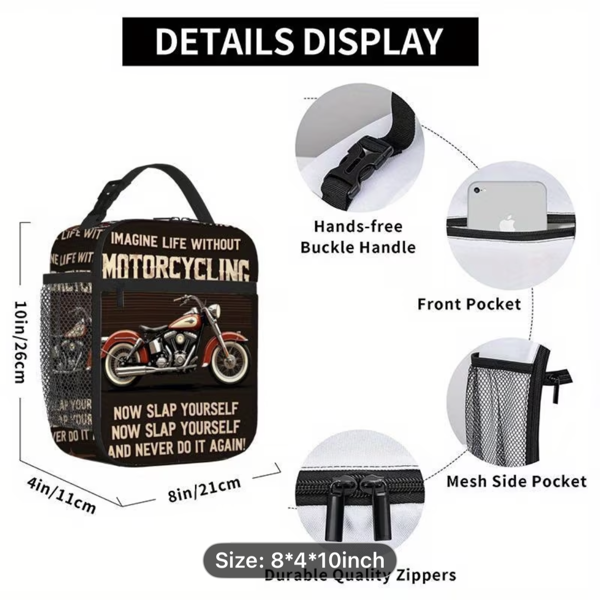 Lunch Bag - Imagine Life Without Motorcycling - Insulated Lunch Bag - Cooler Tote - with Mesh Side Pocket