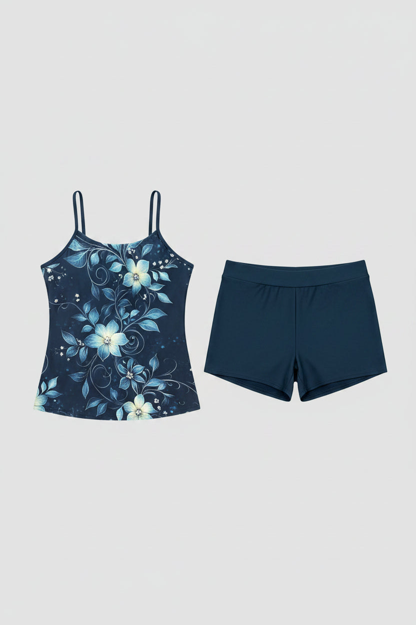 Woman's Swimsuit - 2 Piece Tankini - Floral Blue - Size S