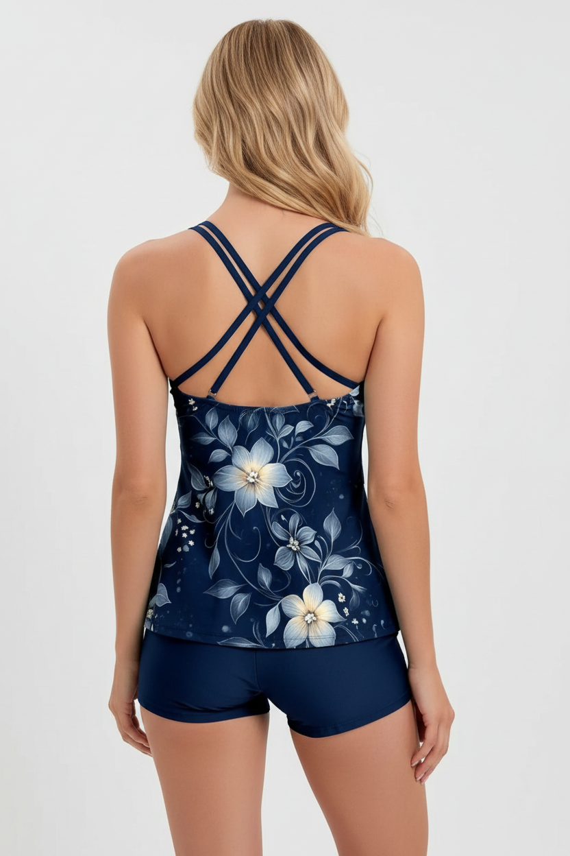 Woman's Swimsuit - 2 Piece Tankini - Floral Blue - Size S