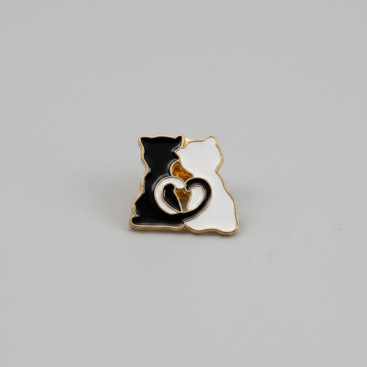 Lapel Pin - Black and White Cats forming Heart with tails
