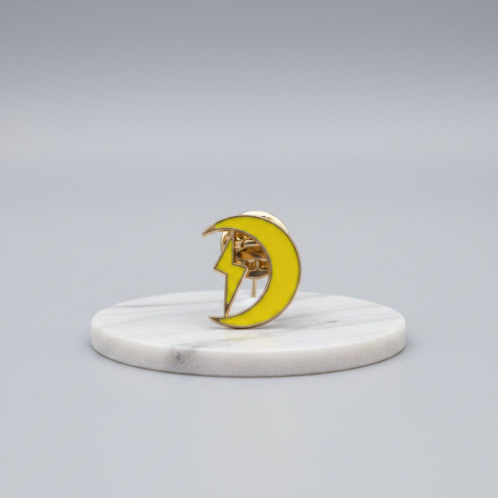 Lapel Pin - Yellow Moon Crescent with Lightening Bolt