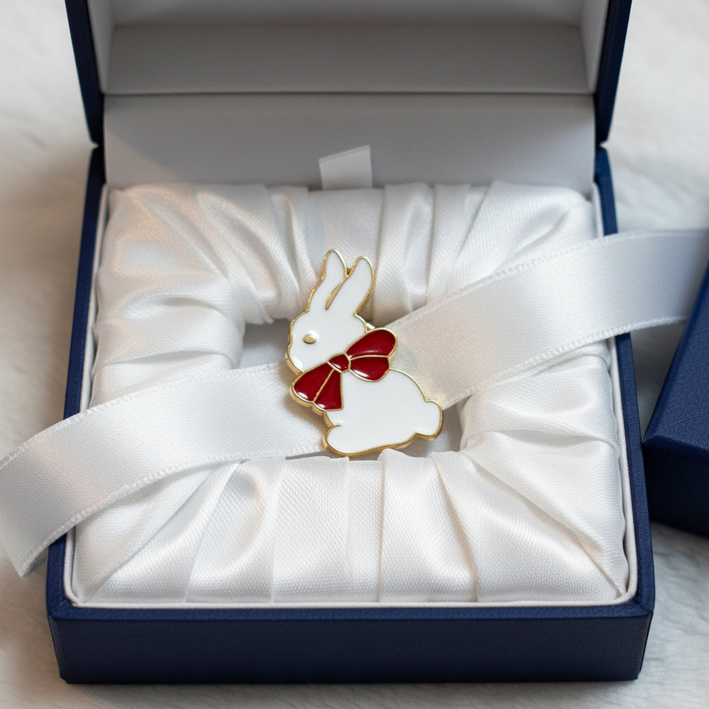 Lapel Pin - White Bunny Rabbit with Big Red Bow