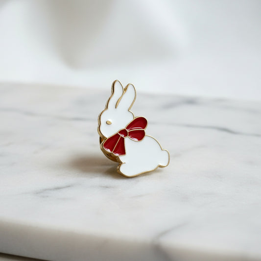 Lapel Pin - White Bunny Rabbit with Big Red Bow