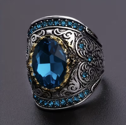 Vintage  Silver Blue Scroll Big Blue Oval Stone Wide Face Cocktail Ring - Size 9