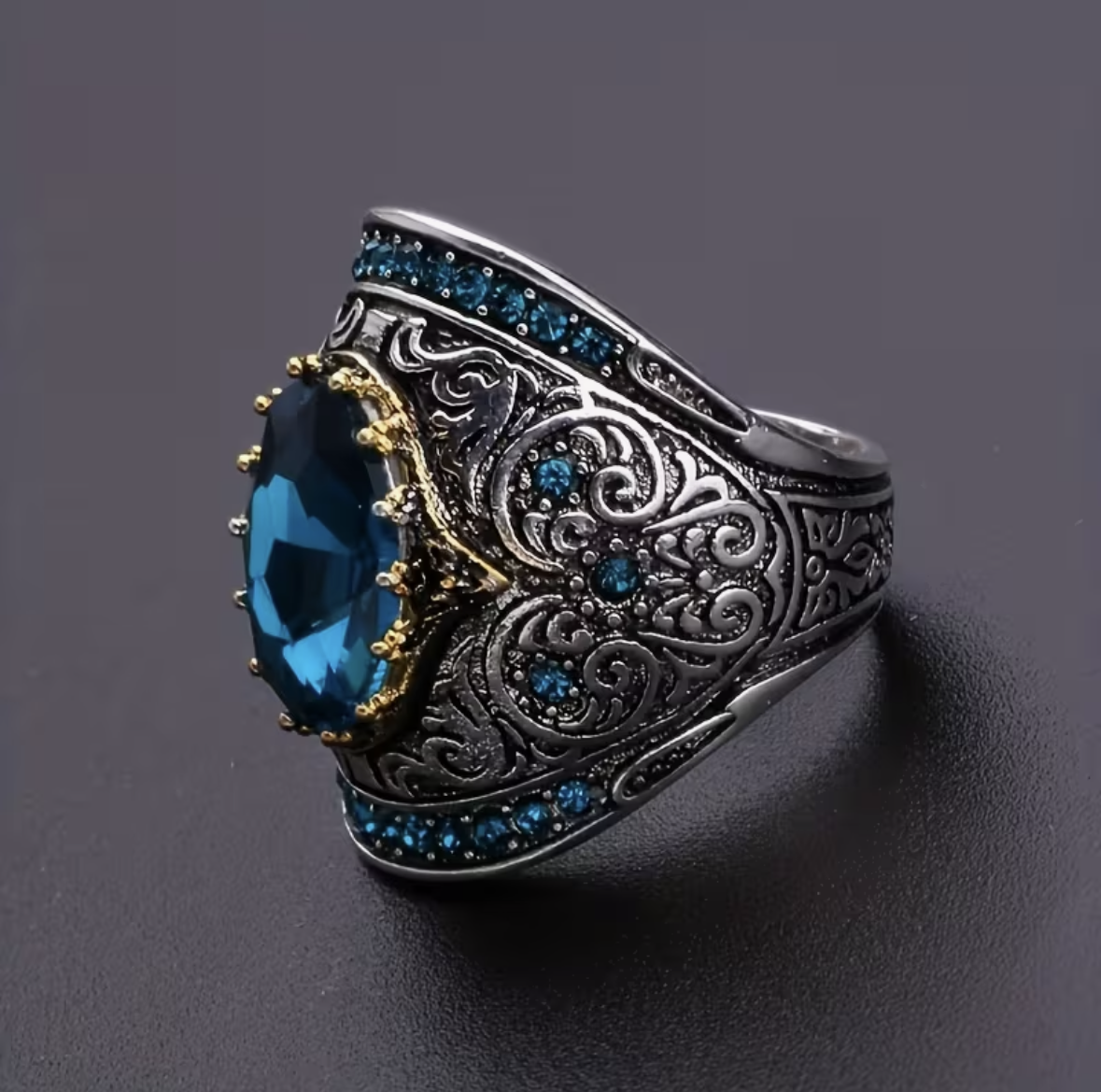 Vintage  Silver Blue Scroll Big Blue Oval Stone Wide Face Cocktail Ring - Size 9